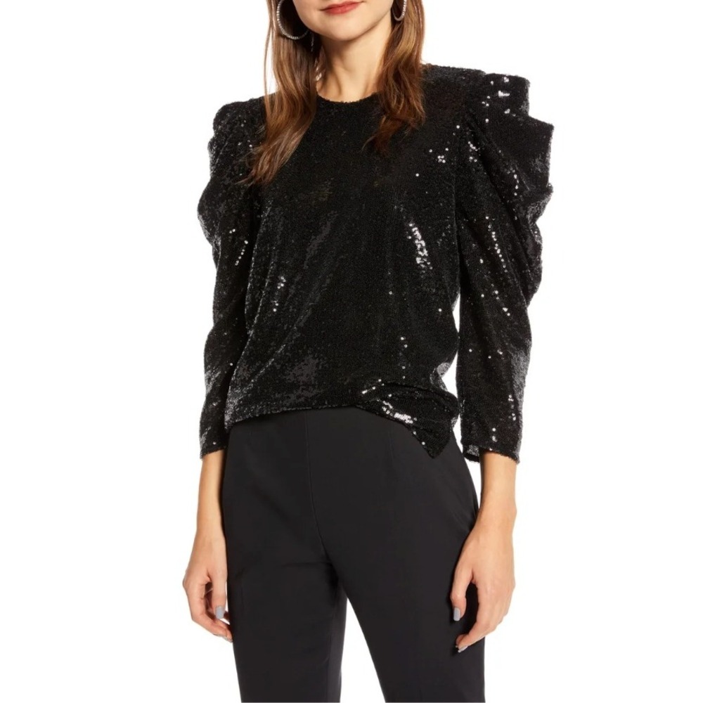 Something Navy Sequin Night Out Top Womens S Black Puff Sleeve Glimmer Holiday
